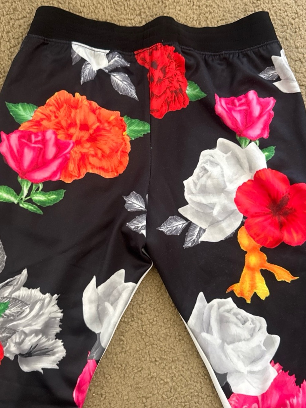 Pam & Gela Black Floral Skinny Pants with Pink, Red, Orange & White Roses
